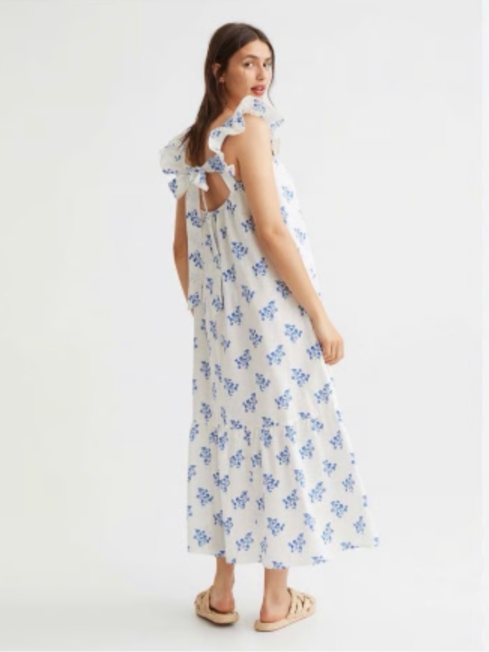 H&M Linen Blend Floral Maxi Dress – White/Blue – Size Medium - Picture 3 of 6